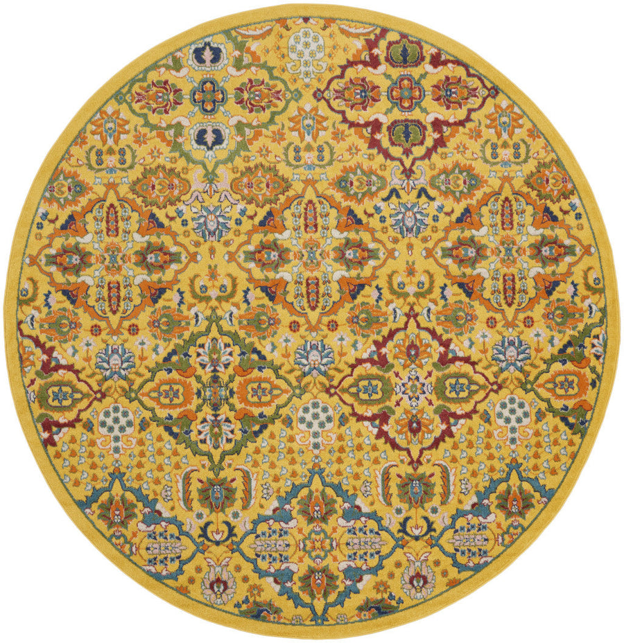 8 Yellow Round Floral Power Loom Area Rug Image 1