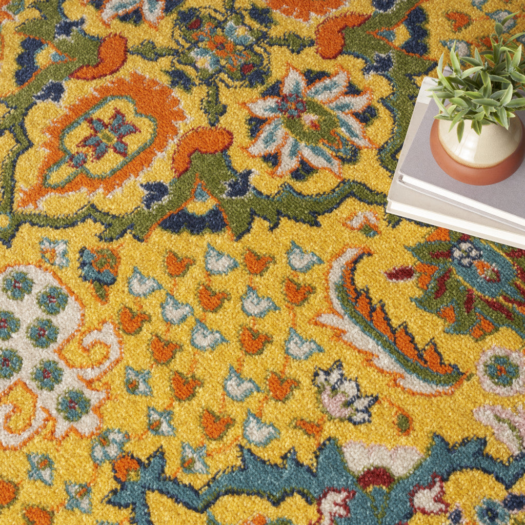 8 Yellow Round Floral Power Loom Area Rug Image 4