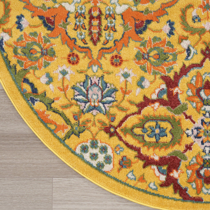 8 Yellow Round Floral Power Loom Area Rug Image 5