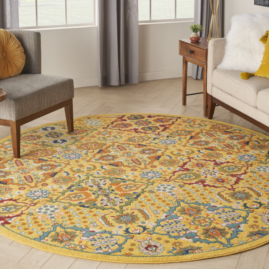 8 Yellow Round Floral Power Loom Area Rug Image 7