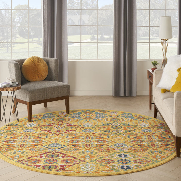 8 Yellow Round Floral Power Loom Area Rug Image 8