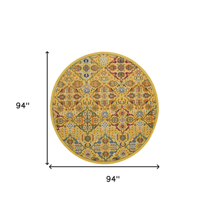 8 Yellow Round Floral Power Loom Area Rug Image 9