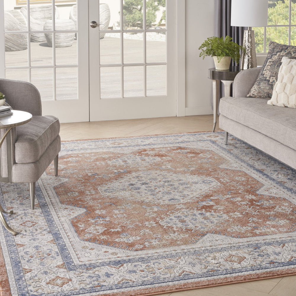 9 x 12 Blue and Beige Oriental Power Loom Area Rug Image 2