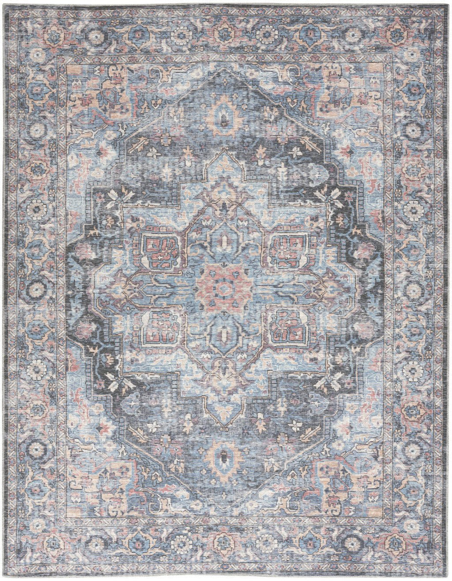 9 X 12 Blue And Pink Floral Power Loom Distressed Washable Area Rug Image 1