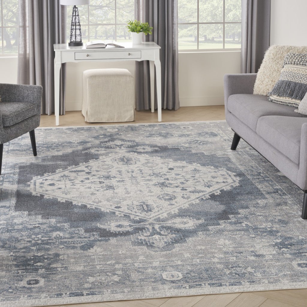 9 x 12 Blue and Ivory Oriental Power Loom Distressed Area Rug Image 5