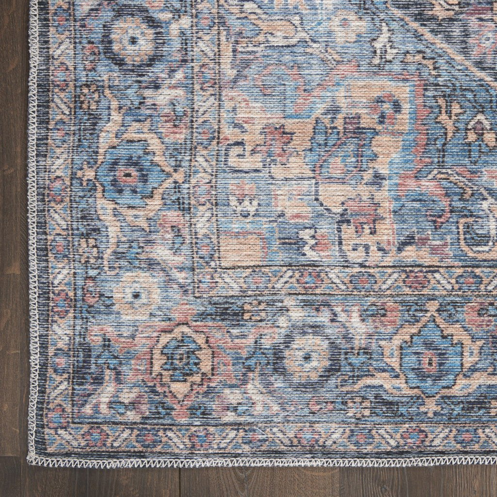 9 X 12 Blue And Pink Floral Power Loom Distressed Washable Area Rug Image 2