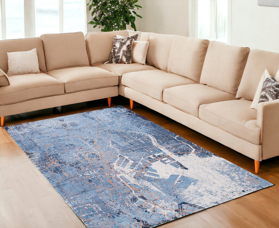 9 X 13 Blue and Black Abstract Non Skid Area Rug Image 1