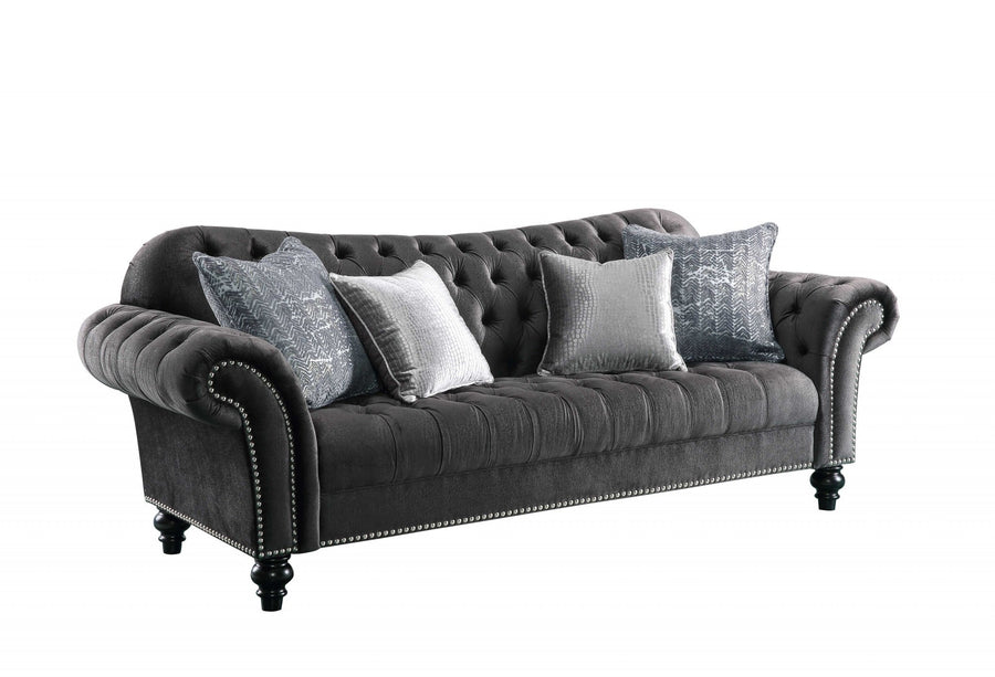 96" Dark Gray Velvet Sofa And Toss Pillows With Black Legs Image 1