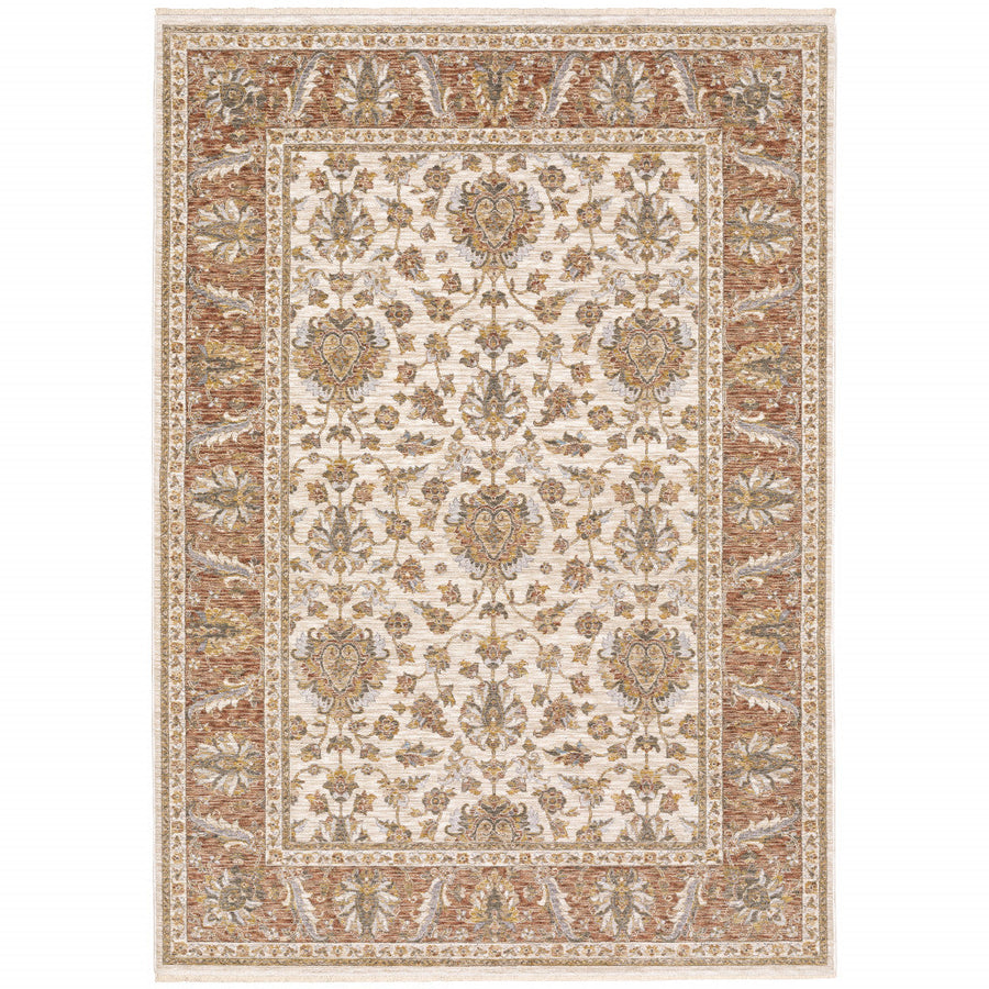 10 X 13 Rust And Ivory Oriental Power Loom Stain Resistant Area Rug With Fringe Image 1