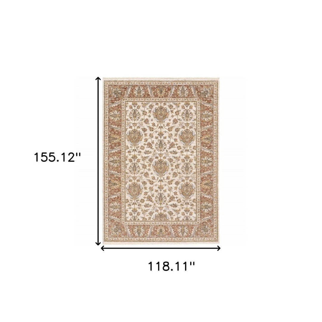 10 X 13 Rust And Ivory Oriental Power Loom Stain Resistant Area Rug With Fringe Image 11