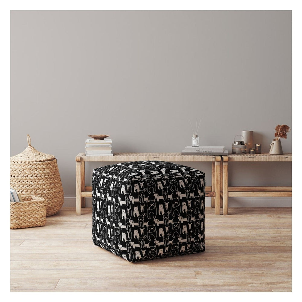 17" Black Cotton Animal Print Pouf Ottoman Image 2