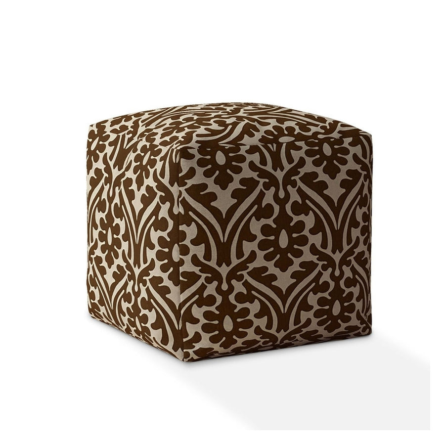 17" Brown Cotton Damask Pouf Cover Image 1