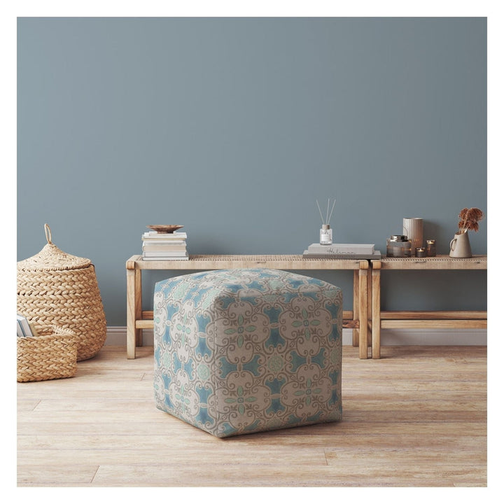 17" Blue Cotton Ikat Pouf Ottoman Image 2