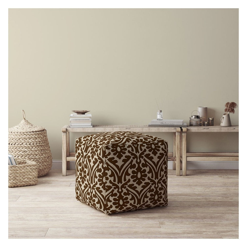 17" Brown Cotton Damask Pouf Cover Image 2