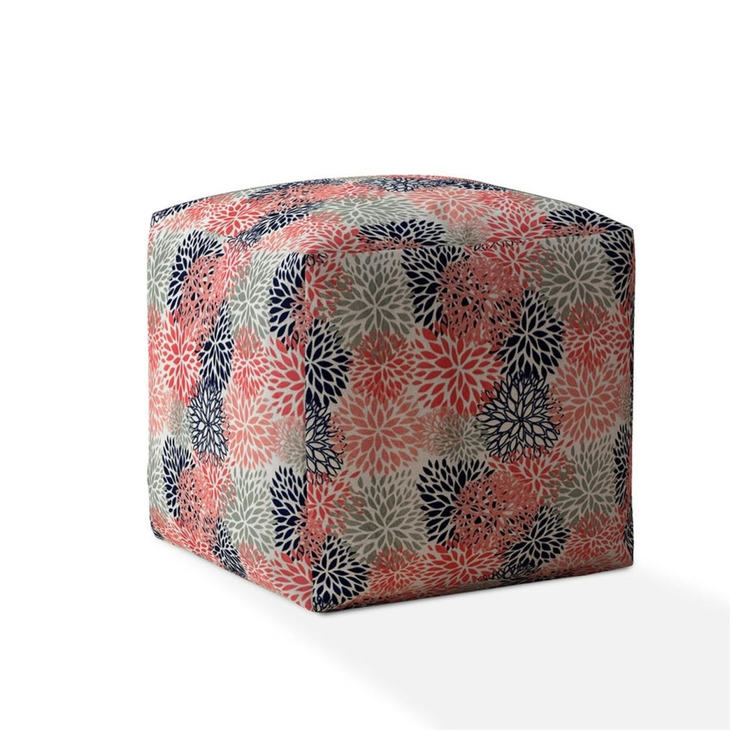 17" Coral Polyester Floral Pouf Ottoman Image 1