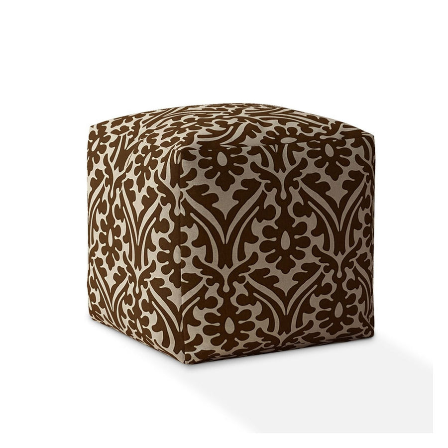 17" Brown Cotton Damask Pouf Ottoman Image 1