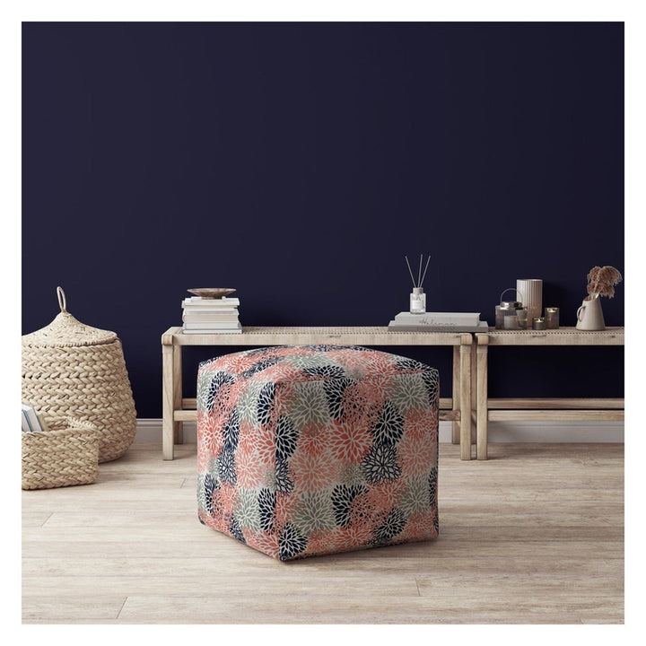 17" Coral Polyester Floral Pouf Ottoman Image 2