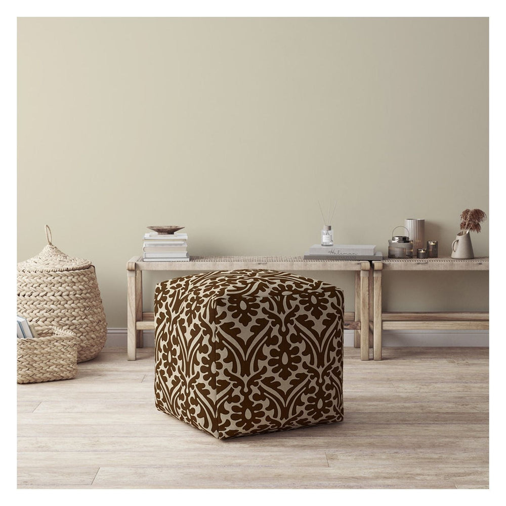 17" Brown Cotton Damask Pouf Ottoman Image 2