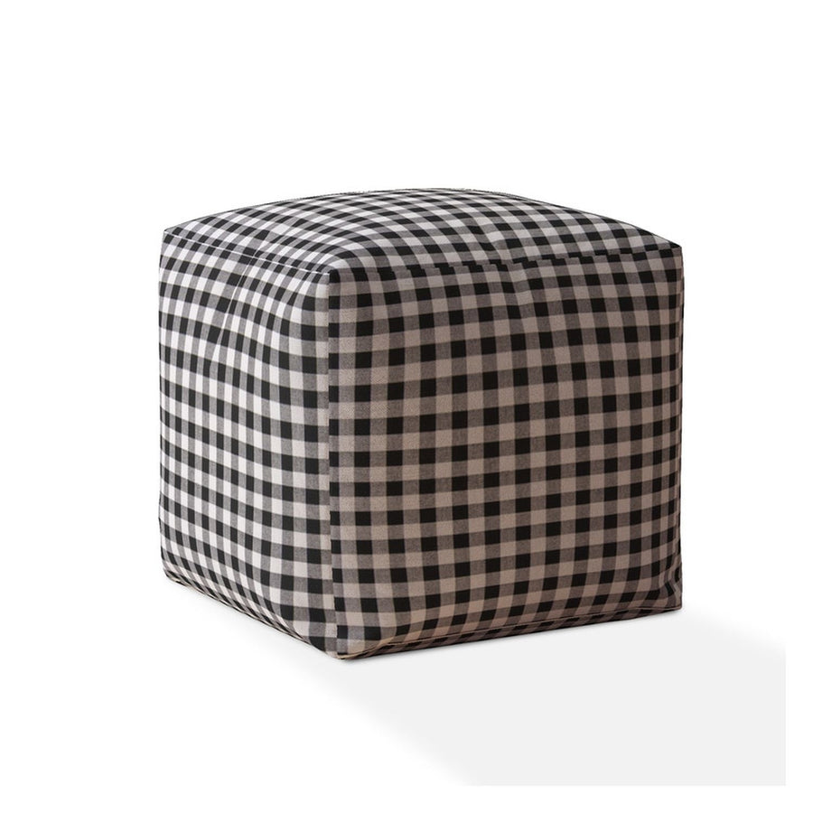 17" Gray and Black Cotton Gingham Pouf Ottoman Image 1