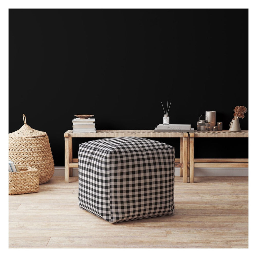 17" Gray and Black Cotton Gingham Pouf Ottoman Image 2