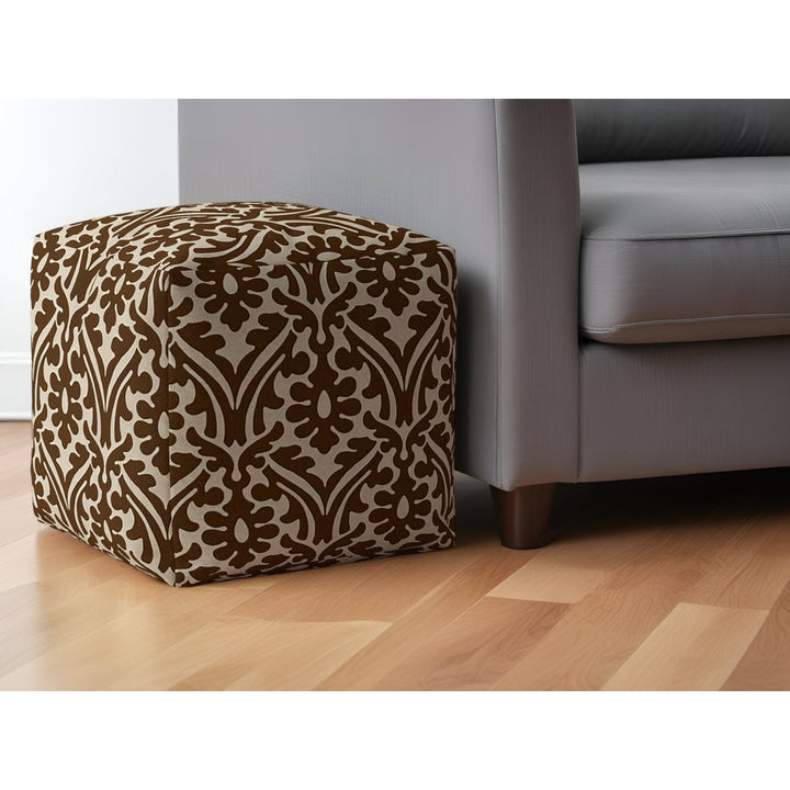 17" Brown Cotton Damask Pouf Ottoman Image 5