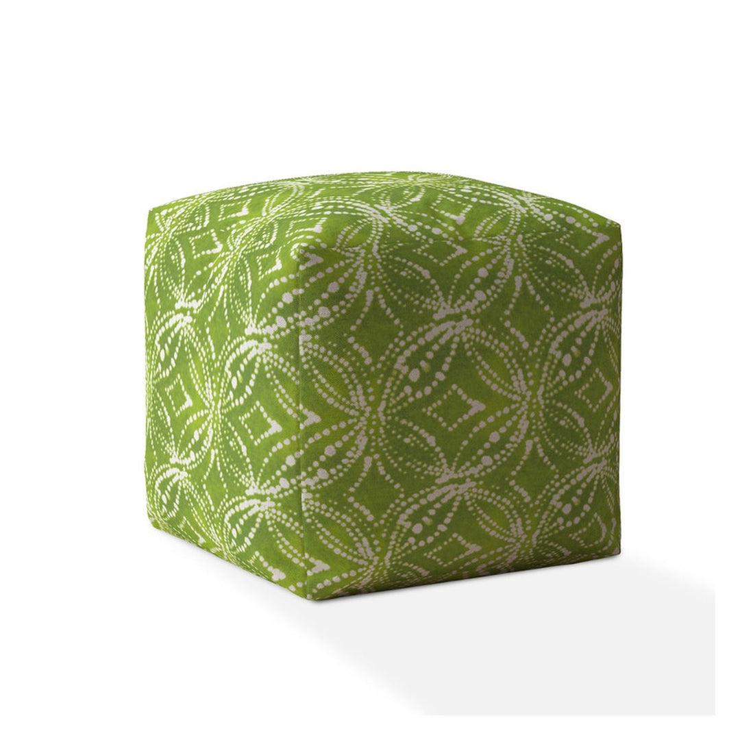 17" Green and White Cotton Damask Pouf Ottoman Image 1