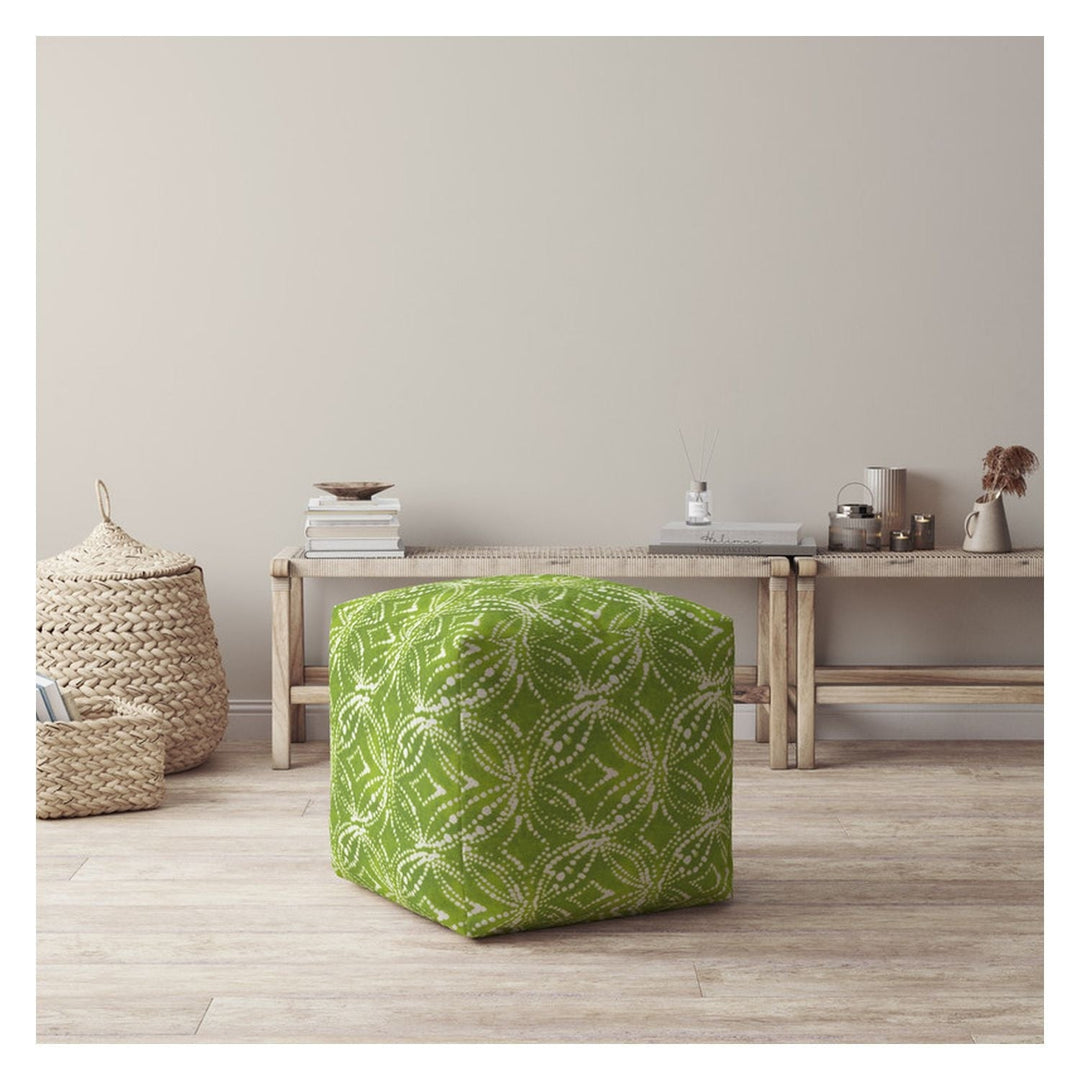 17" Green and White Cotton Damask Pouf Ottoman Image 2