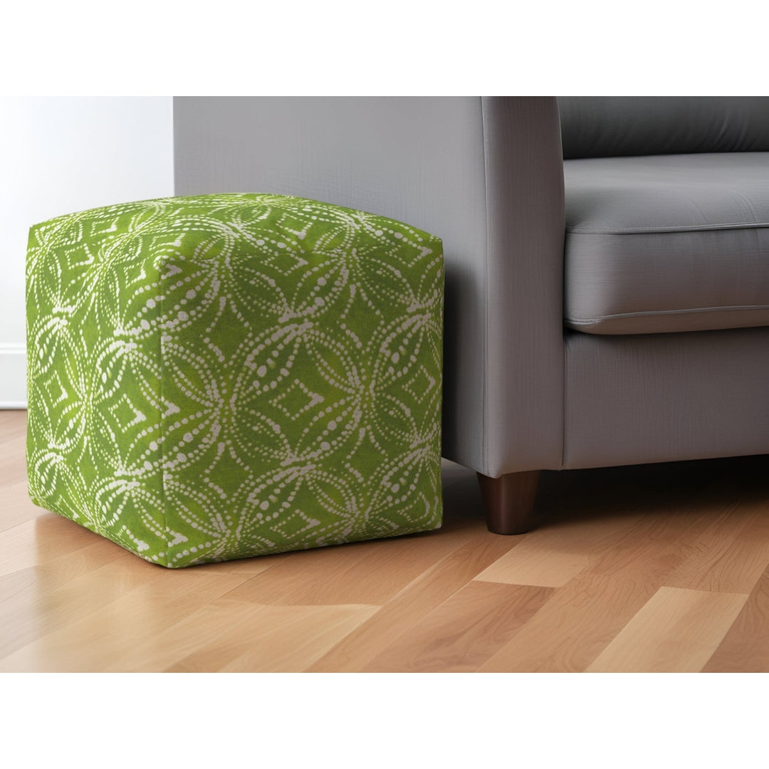 17" Green and White Cotton Damask Pouf Ottoman Image 5