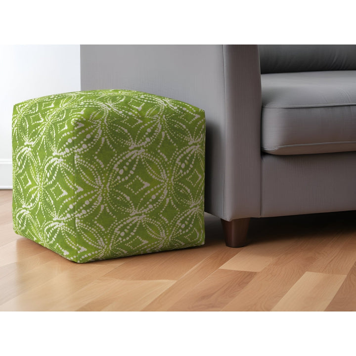 17" Green and White Cotton Damask Pouf Ottoman Image 5