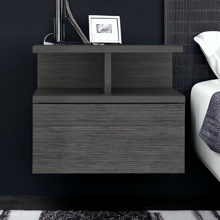 13" Dark Gray One Drawer Faux Wood Floating Nightstand Image 6