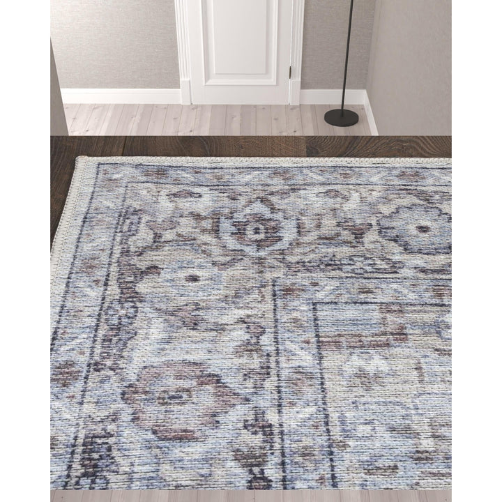 10 Beige and Ivory Floral Power Loom Distressed Washable Runner Rug Image 2