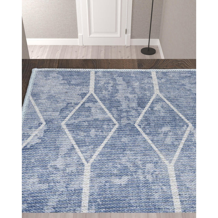 10 Blue and Off White Geometric Power Loom Washable Runner Rug Image 2