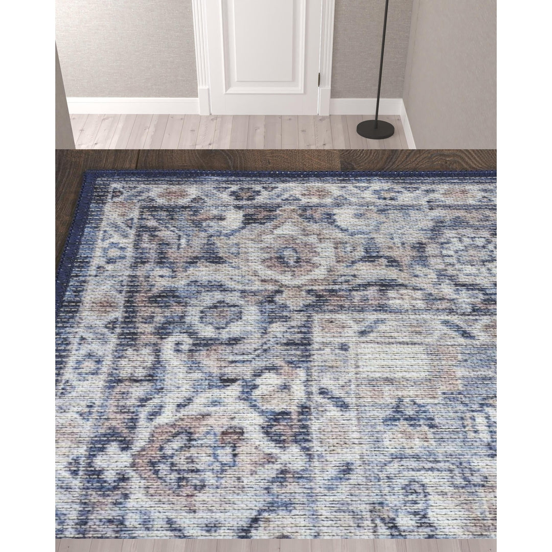 10 Blue and Ivory Floral Power Loom Distressed Washable Runner Rug Image 2