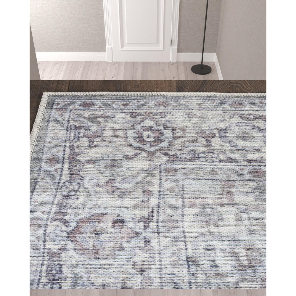 10 Gray and Ivory Floral Power Loom Distressed Washable Runner Rug Image 2