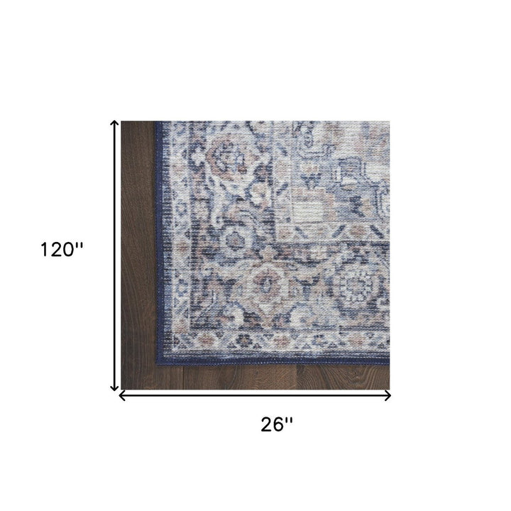 10 Blue and Ivory Floral Power Loom Distressed Washable Runner Rug Image 7