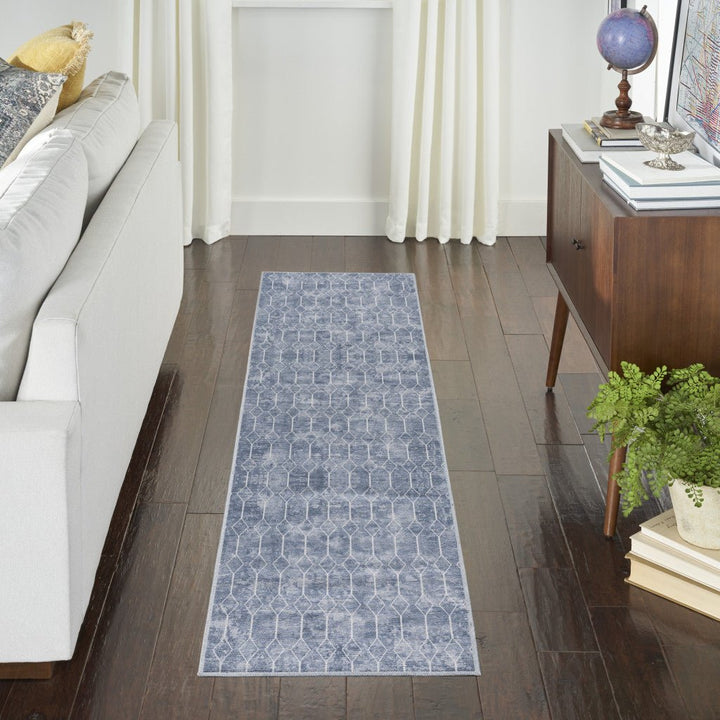 10 Blue and Off White Geometric Power Loom Washable Runner Rug Image 6