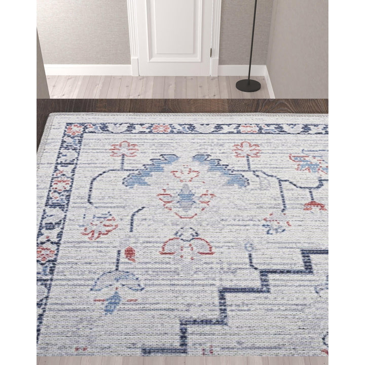 10 Ivory and Blue Oriental Power Loom Washable Runner Rug Image 2