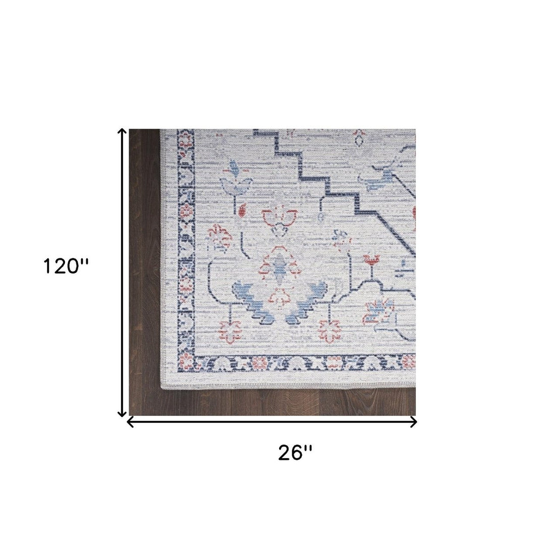 10 Ivory and Blue Oriental Power Loom Washable Runner Rug Image 7