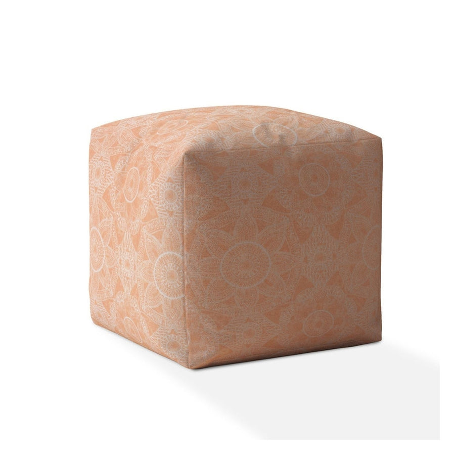 17" Orange Cotton Floral Pouf Cover Image 1