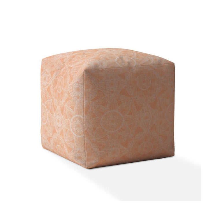 17" Orange Cotton Floral Pouf Ottoman Image 1