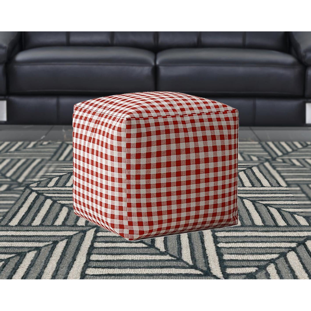 17" Red And White Cotton Gingham Pouf Cover Image 5