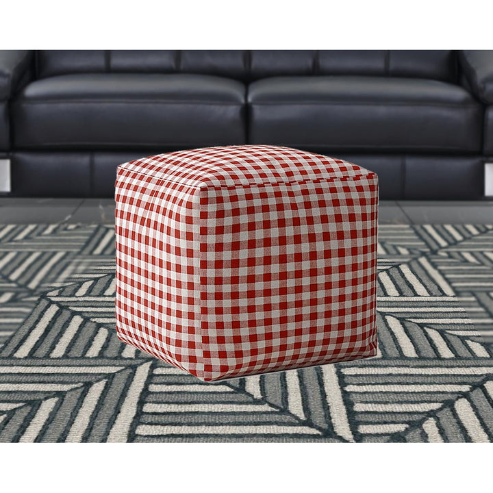 17" Red And White Cotton Gingham Pouf Cover Image 5