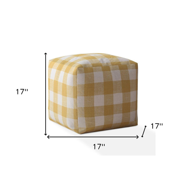 17" Yellow and White Canvas Gingham Pouf Ottoman Image 3