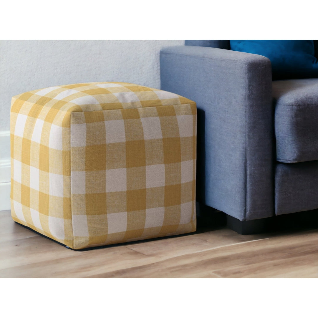 17" Yellow and White Canvas Gingham Pouf Ottoman Image 5