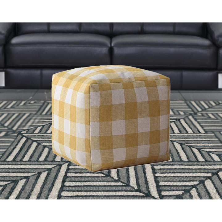 17" Yellow And White Canvas Gingham Pouf Cover Image 5