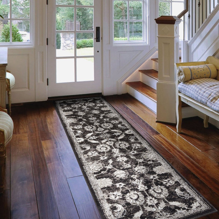 6 Black Round Floral Power Loom Area Rug Image 10