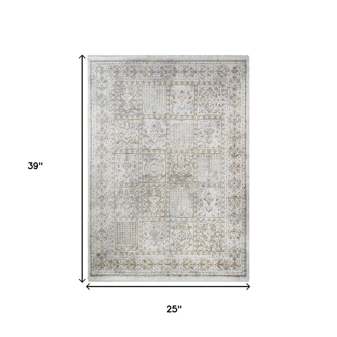 2 x 3 Ivory Oriental Distressed Area Rug With Fringe Image 2