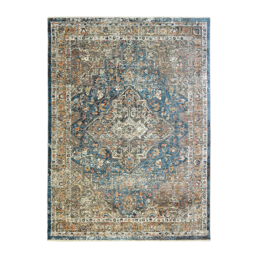 2 x 3 Blue and Brown Oriental Distressed Area Rug With Fringe Image 1