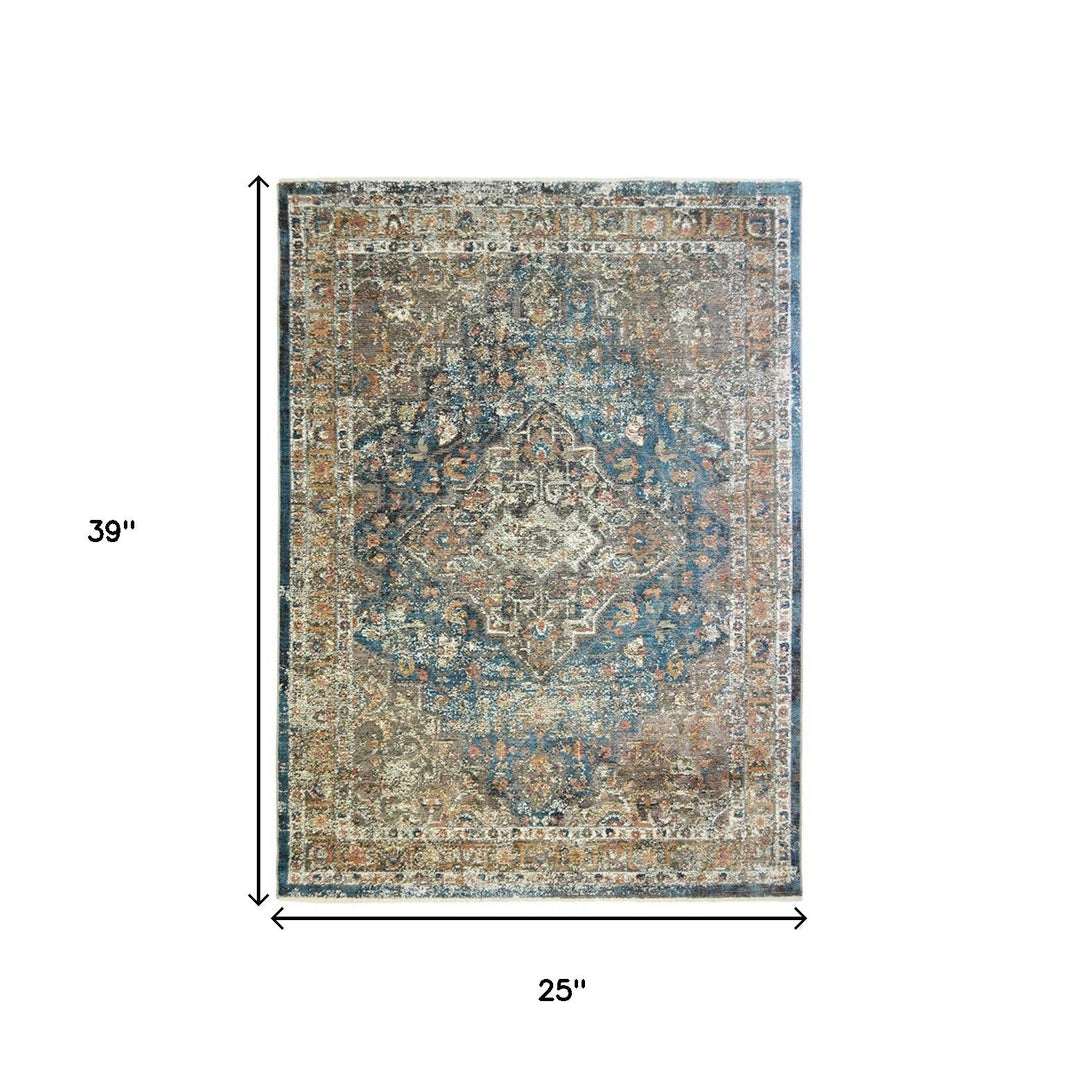 2 x 3 Blue and Brown Oriental Distressed Area Rug With Fringe Image 2