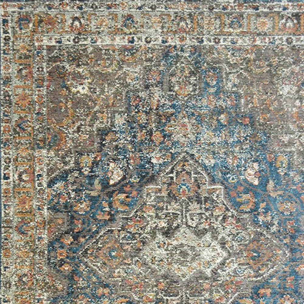 2 x 3 Blue and Brown Oriental Distressed Area Rug With Fringe Image 3